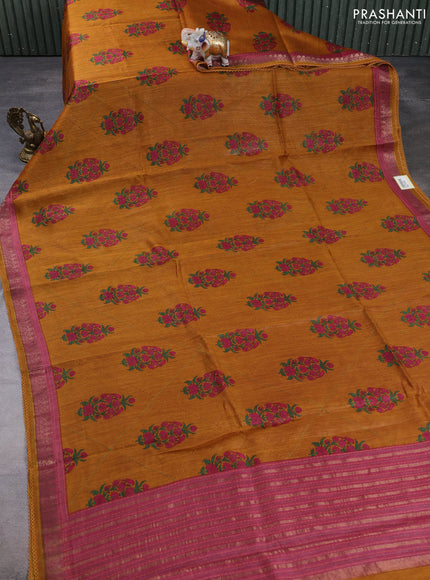 Munga tussar silk saree dark mustard and pink shade with allover butta prints & kantha stitch work and zari woven border