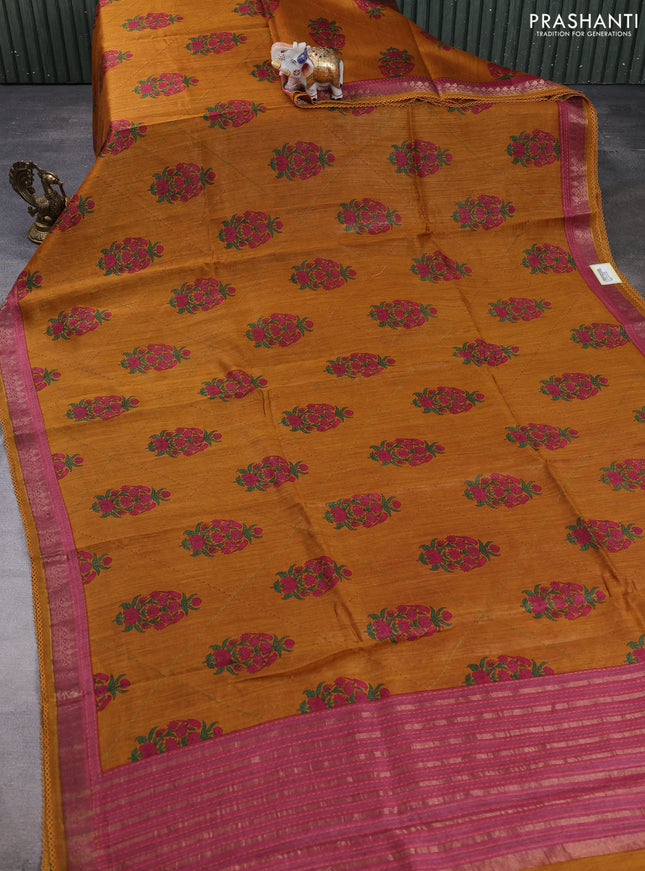 Munga tussar silk saree dark mustard and pink shade with allover butta prints & kantha stitch work and zari woven border