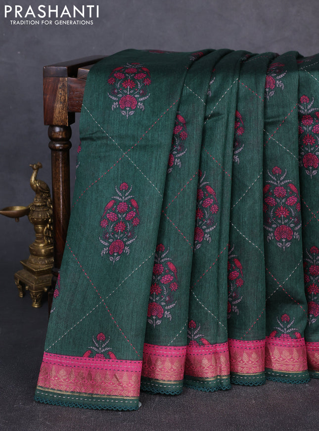Munga tussar silk saree green and pink shade with allover butta prints & kantha stitch work and zari woven border