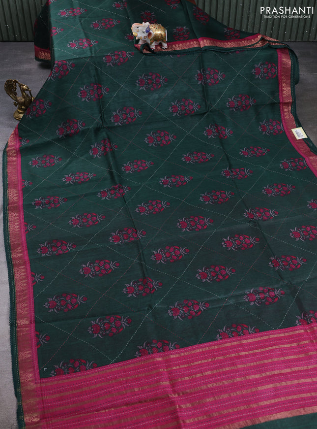 Munga tussar silk saree green and pink shade with allover butta prints & kantha stitch work and zari woven border
