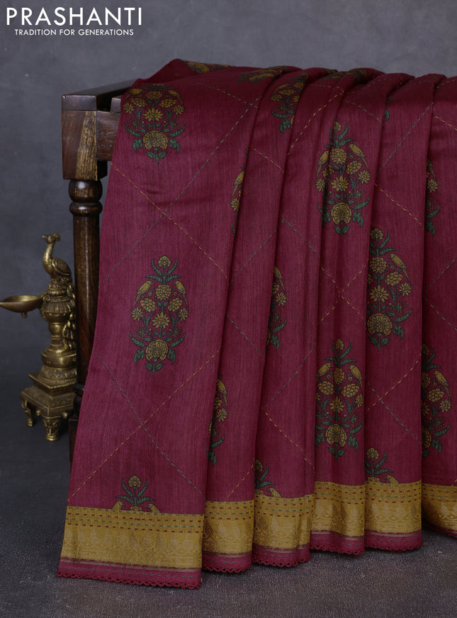 Munga tussar silk saree maroon and mustard yellow with allover butta prints & kantha stitch work and zari woven border