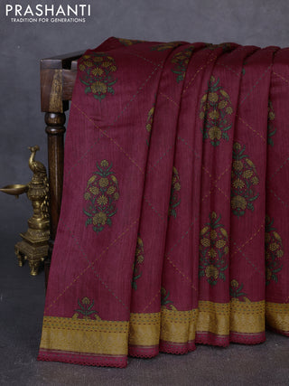 Munga tussar silk saree maroon and mustard yellow with allover butta prints & kantha stitch work and zari woven border
