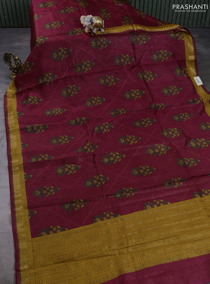 Munga tussar silk saree maroon and mustard yellow with allover butta prints & kantha stitch work and zari woven border