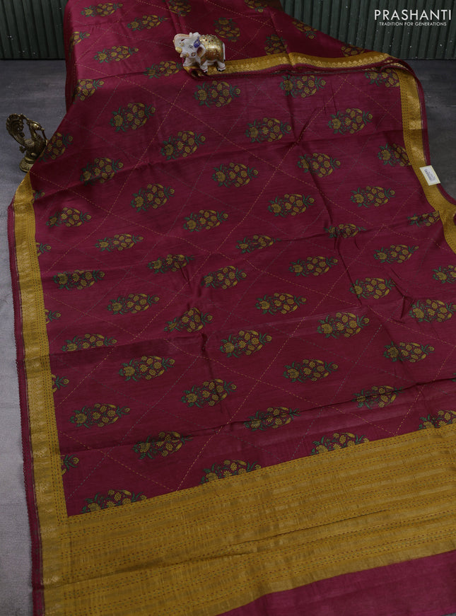 Munga tussar silk saree maroon and mustard yellow with allover butta prints & kantha stitch work and zari woven border
