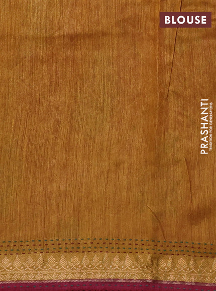 Munga tussar silk saree maroon and mustard yellow with allover butta prints & kantha stitch work and zari woven border