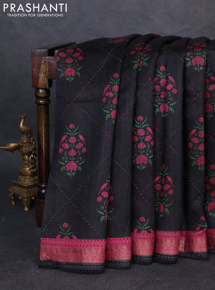 Munga tussar silk saree black and pink shade with allover butta prints & kantha stitch work and zari woven border
