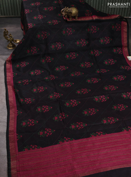 Munga tussar silk saree black and pink shade with allover butta prints & kantha stitch work and zari woven border