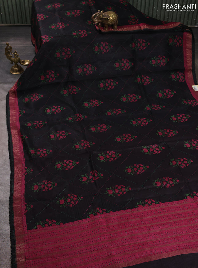Munga tussar silk saree black and pink shade with allover butta prints & kantha stitch work and zari woven border