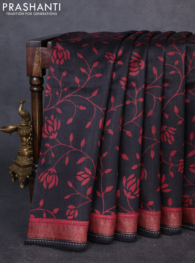 Munga tussar silk saree black and maroon with allover prints and zari woven kantha stitch work
