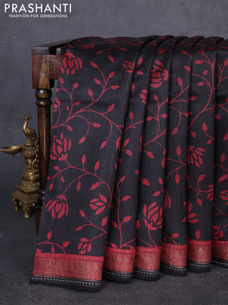 Munga tussar silk saree black and maroon with allover prints and zari woven kantha stitch work