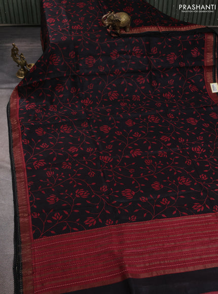 Munga tussar silk saree black and maroon with allover prints and zari woven kantha stitch work