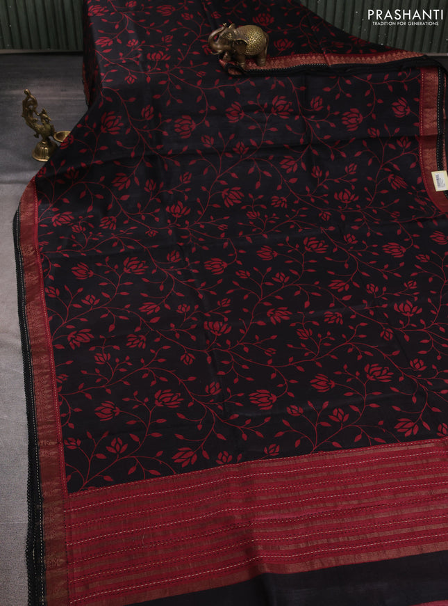 Munga tussar silk saree black and maroon with allover prints and zari woven kantha stitch work
