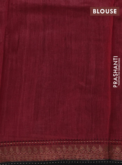 Munga tussar silk saree black and maroon with allover prints and zari woven kantha stitch work