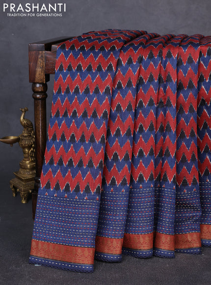 Munga tussar silk saree indigo blue and maroon with allover zigzag prints and zari woven kantha stitch work