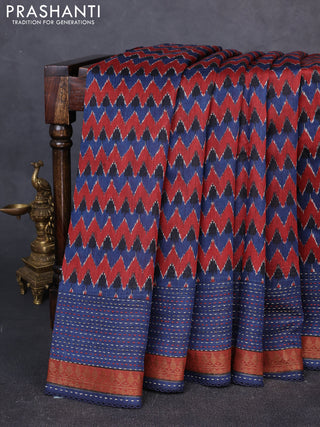 Munga tussar silk saree indigo blue and maroon with allover zigzag prints and zari woven kantha stitch work