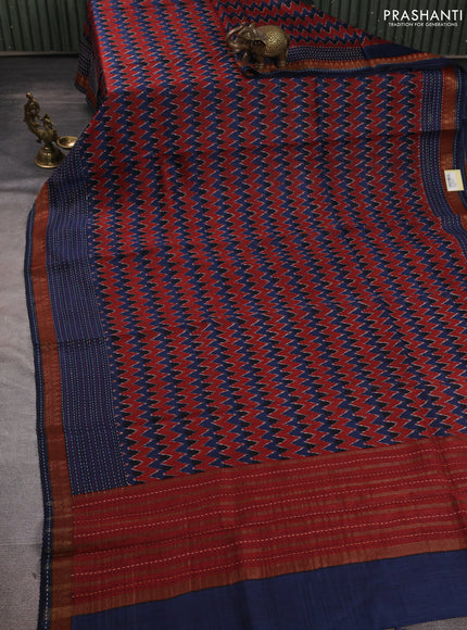 Munga tussar silk saree indigo blue and maroon with allover zigzag prints and zari woven kantha stitch work