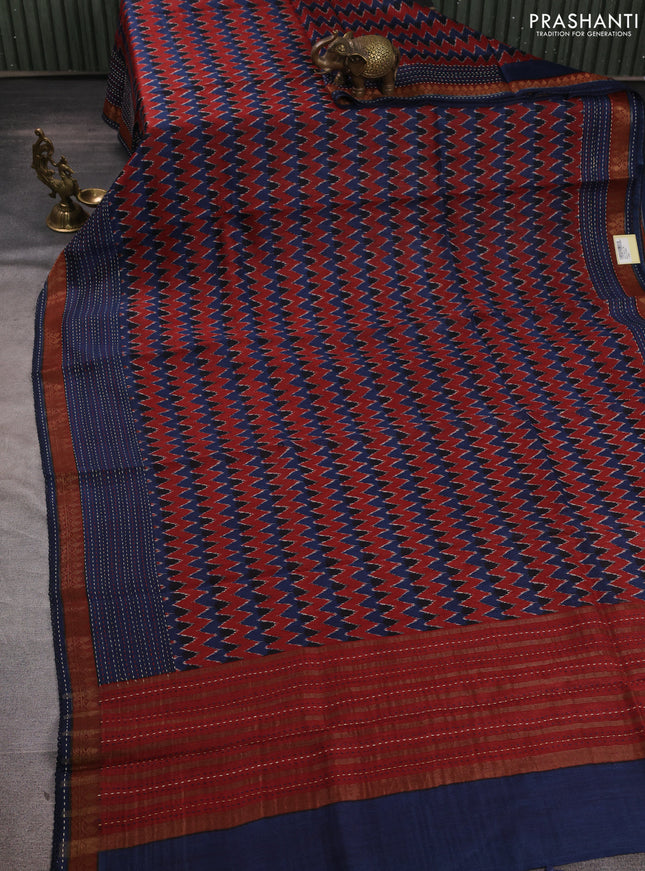 Munga tussar silk saree indigo blue and maroon with allover zigzag prints and zari woven kantha stitch work