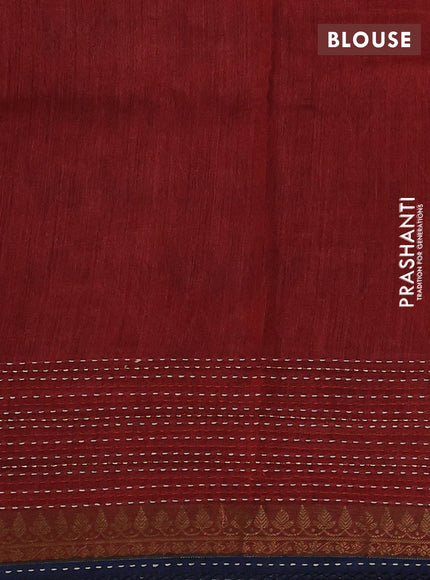 Munga tussar silk saree indigo blue and maroon with allover zigzag prints and zari woven kantha stitch work