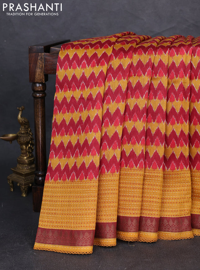 Munga tussar silk saree mustard yellow and maroon with allover zigzag prints and zari woven kantha stitch work