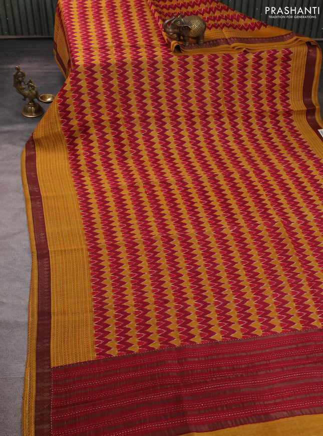 Munga tussar silk saree mustard yellow and maroon with allover zigzag prints and zari woven kantha stitch work