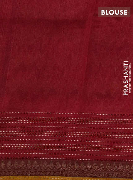 Munga tussar silk saree mustard yellow and maroon with allover zigzag prints and zari woven kantha stitch work
