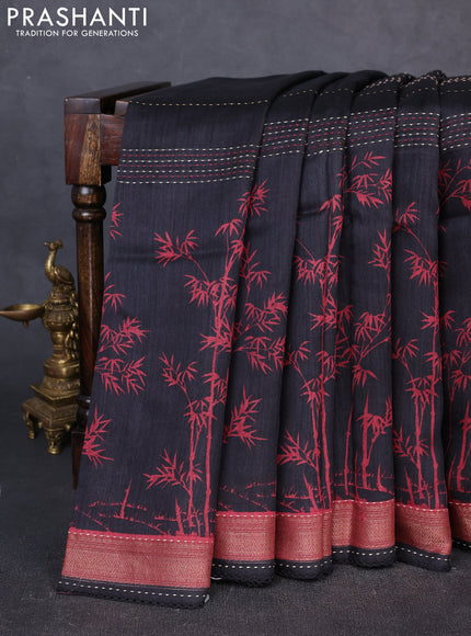 Munga tussar silk saree black and maroon with allover prints & kantha stitch work and zari woven border