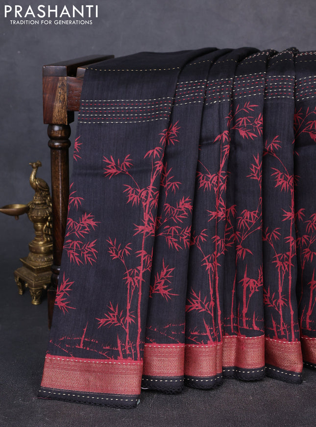 Munga tussar silk saree black and maroon with allover prints & kantha stitch work and zari woven border