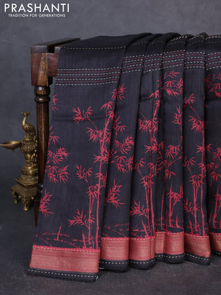 Munga tussar silk saree black and maroon with allover prints & kantha stitch work and zari woven border