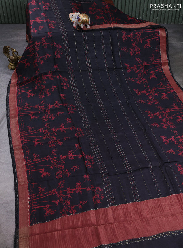 Munga tussar silk saree black and maroon with allover prints & kantha stitch work and zari woven border