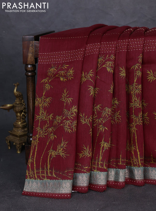 Munga tussar silk saree maroon and green with allover prints & kantha stitch work and zari woven border