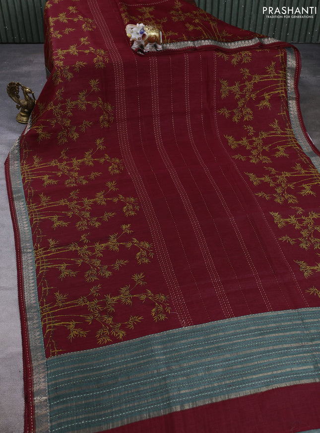 Munga tussar silk saree maroon and green with allover prints & kantha stitch work and zari woven border