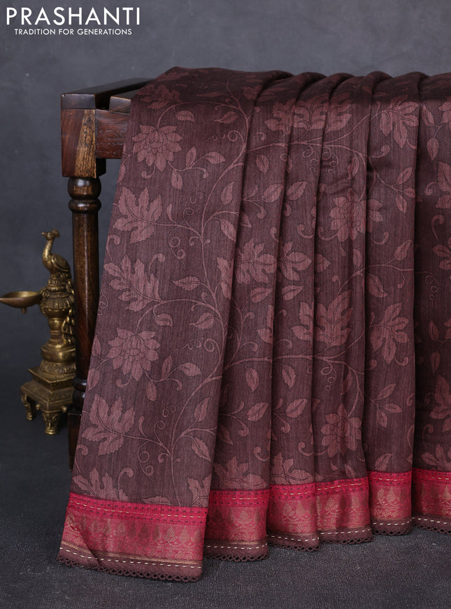 Munga tussar silk saree coffee brown and maroon with allover prints and zari woven kantha stitch work
