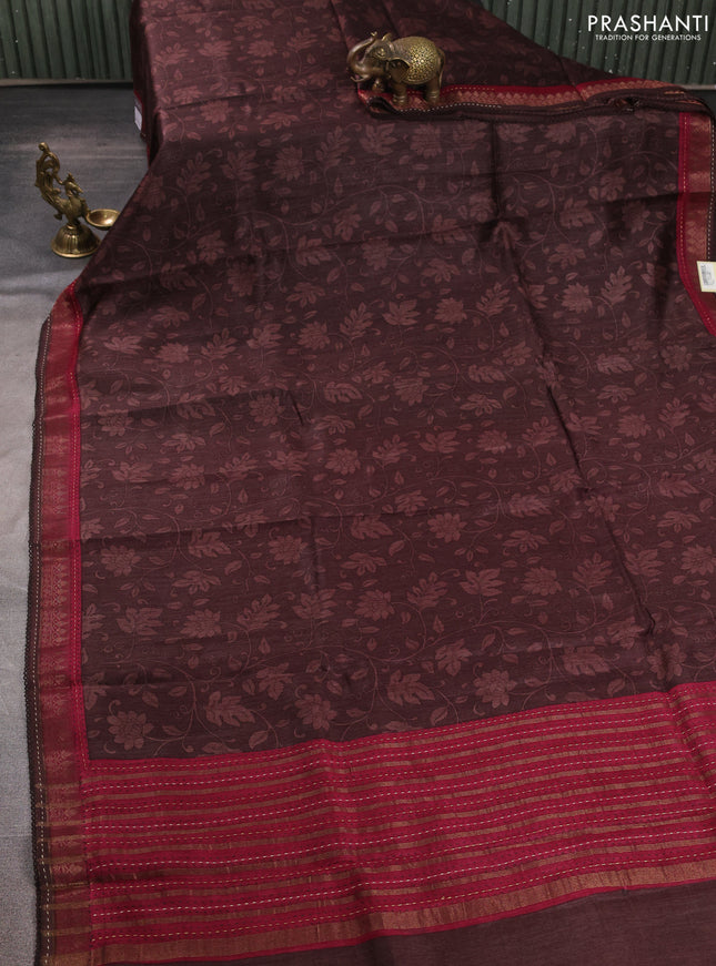 Munga tussar silk saree coffee brown and maroon with allover prints and zari woven kantha stitch work