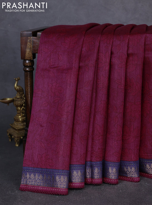 Munga tussar silk saree wine shade and navy blue with allover prints and zari woven kantha stitch work