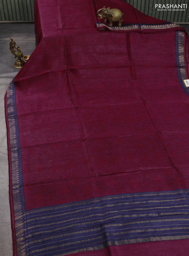 Munga tussar silk saree wine shade and navy blue with allover prints and zari woven kantha stitch work