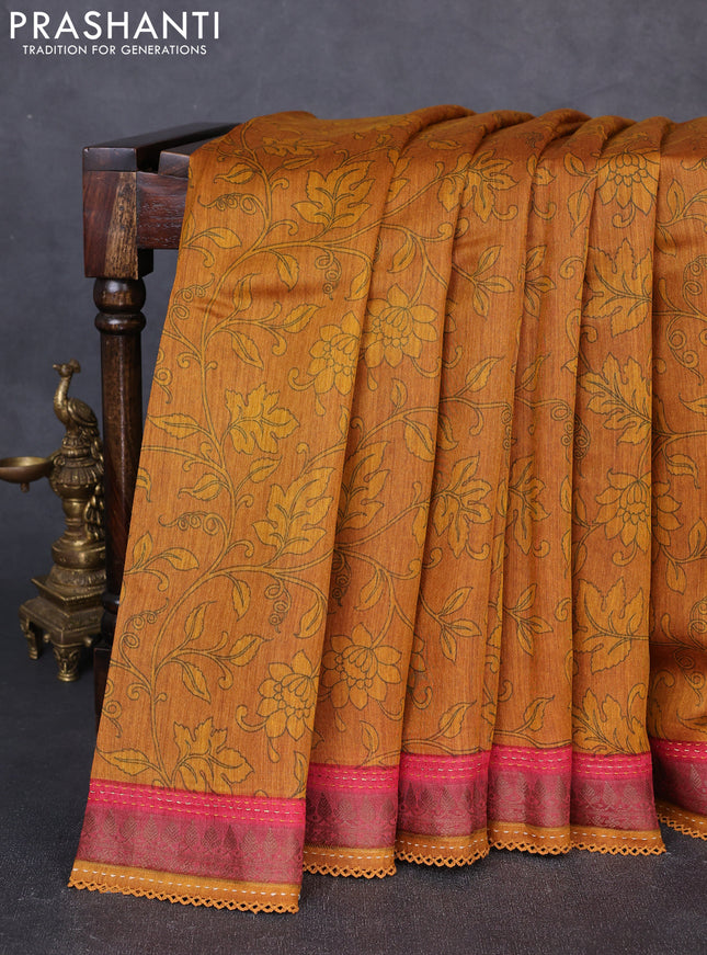 Munga tussar silk saree dark mustard and maroon with allover prints and zari woven kantha stitch work