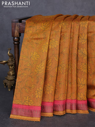 Munga tussar silk saree dark mustard and maroon with allover prints and zari woven kantha stitch work