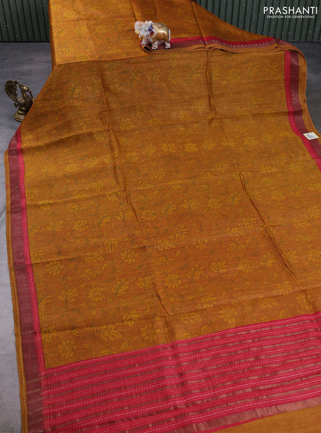 Munga tussar silk saree dark mustard and maroon with allover prints and zari woven kantha stitch work
