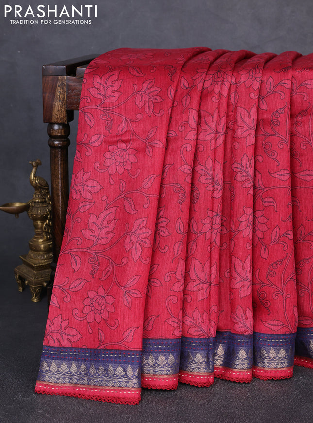 Munga tussar silk saree maroon and navy blue with allover prints and zari woven kantha stitch work
