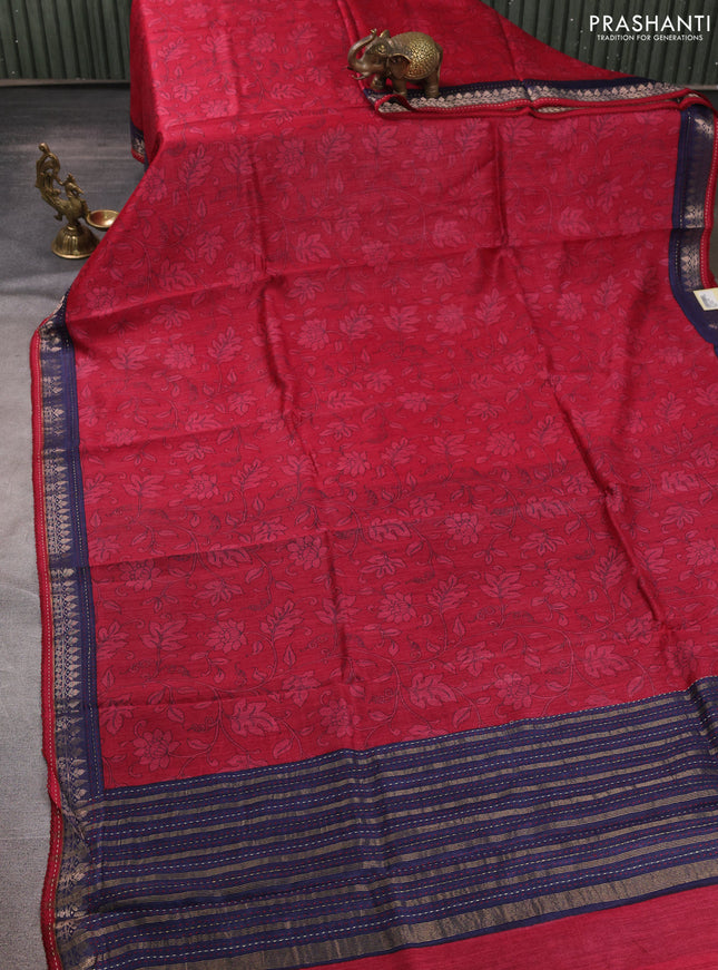 Munga tussar silk saree maroon and navy blue with allover prints and zari woven kantha stitch work