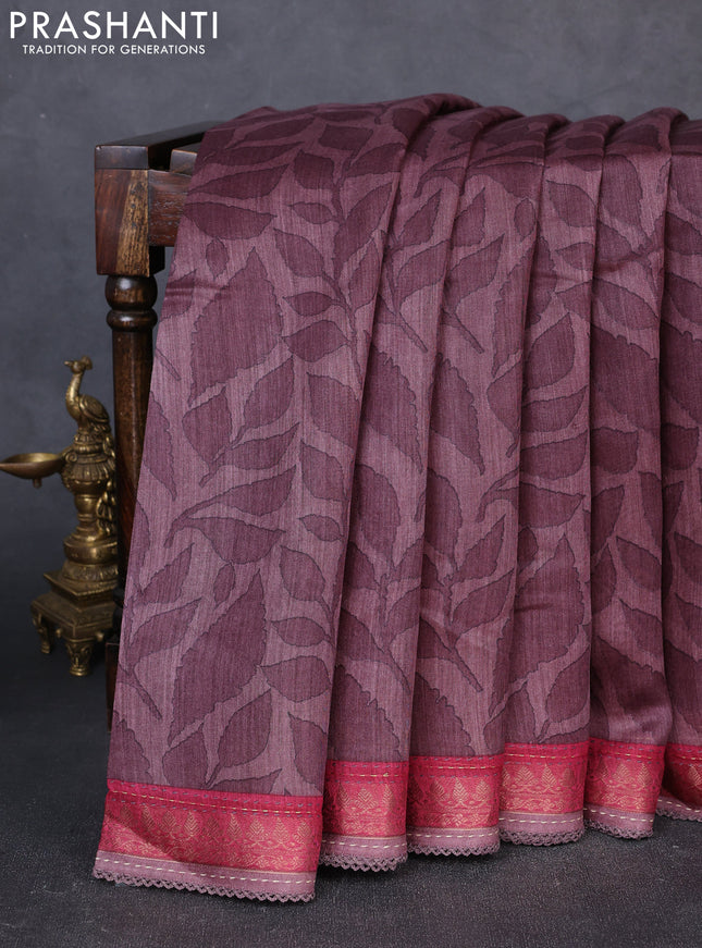 Munga tussar silk saree rosy brown and maroon shade with allover prints and zari woven kantha stitch work