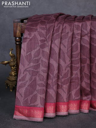 Munga tussar silk saree rosy brown and maroon shade with allover prints and zari woven kantha stitch work