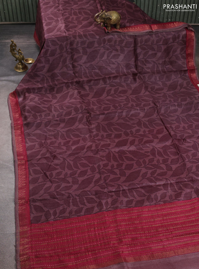Munga tussar silk saree rosy brown and maroon shade with allover prints and zari woven kantha stitch work