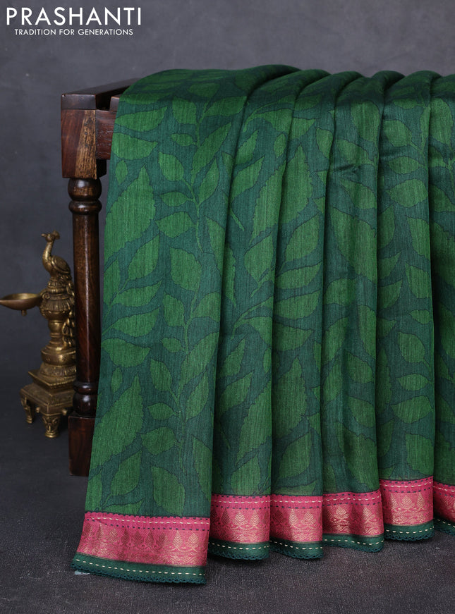 Munga tussar silk saree green and maroon shade with allover prints and zari woven kantha stitch work