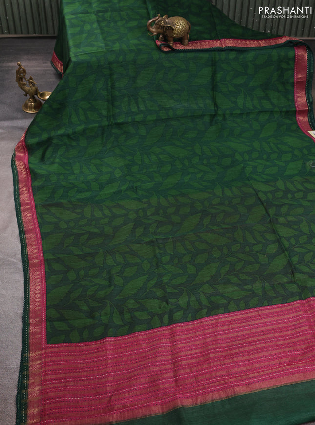 Munga tussar silk saree green and maroon shade with allover prints and zari woven kantha stitch work