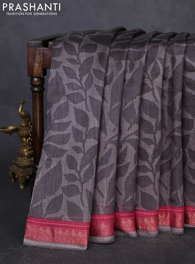 Munga tussar silk saree grey shade and maroon shade with allover prints and zari woven kantha stitch work