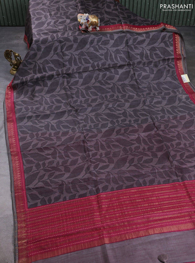 Munga tussar silk saree grey shade and maroon shade with allover prints and zari woven kantha stitch work
