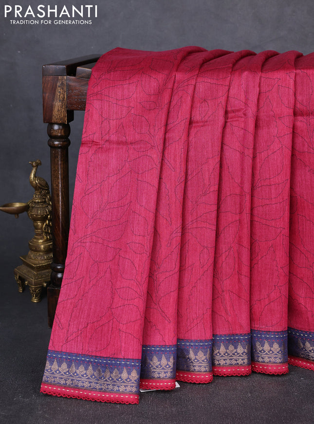 Munga tussar silk saree maroon and navy blue with allover prints and zari woven kantha stitch work