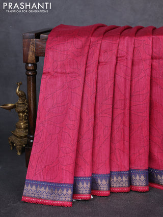 Munga tussar silk saree maroon and navy blue with allover prints and zari woven kantha stitch work