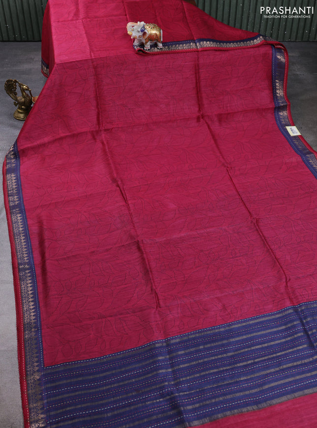 Munga tussar silk saree maroon and navy blue with allover prints and zari woven kantha stitch work